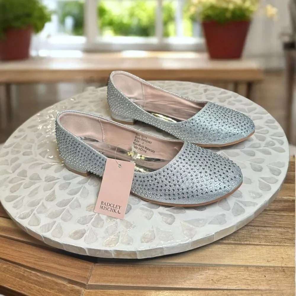 Badgley Mischka Girls Rhinestone Ballet Flats Silver Wedding Flower Girl Shoes S